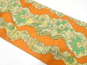 本場筑前博多　よろけ縞に花鳥更紗模様織り出し　名古屋帯